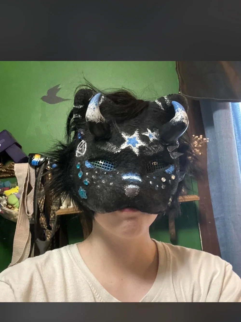Kids Black Decorative Horned Mask with Blue Accents